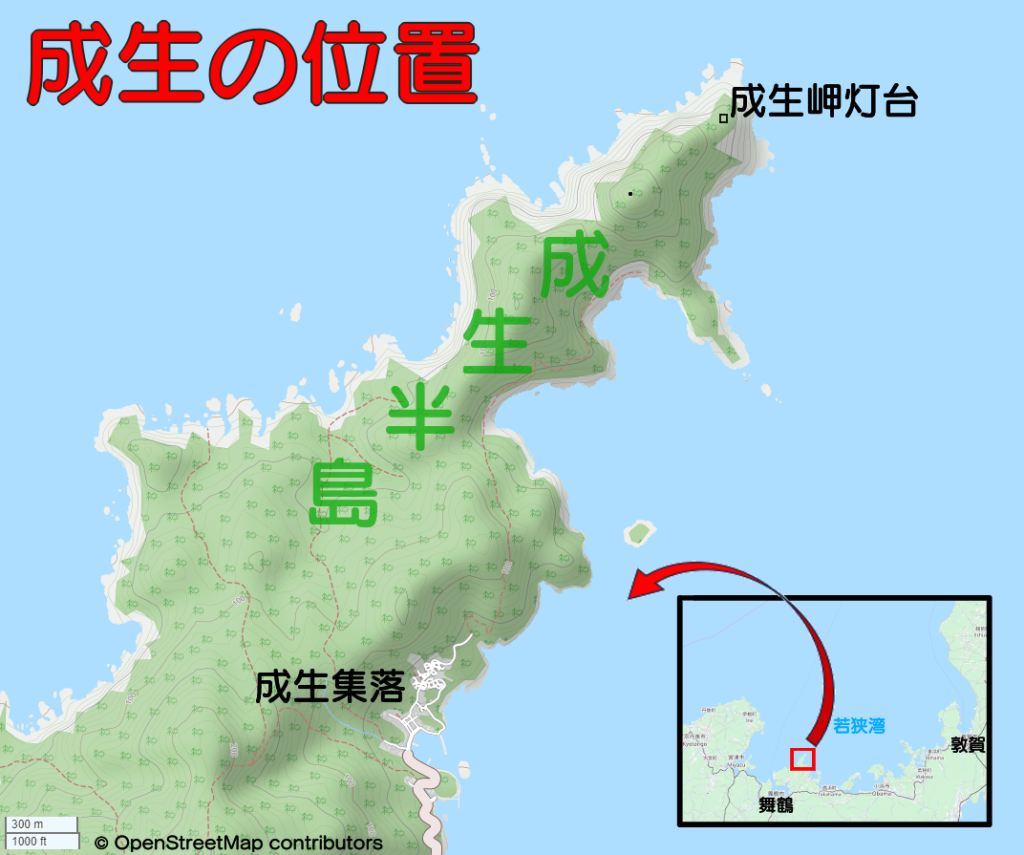 成生の位置（成生半島の成生集落と成生岬灯台の位置を記載）
