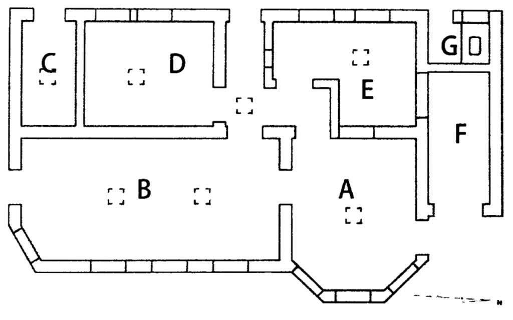 賢女鼻防備衛所の平面図
（工藤洋三(2020)　賢女鼻に残る海軍防備衛所の遺構　山口県地方史研究 より（引用元：近森淳之介・原田晋作　下関市蓋井島の戦争遺跡に関する研究　より））