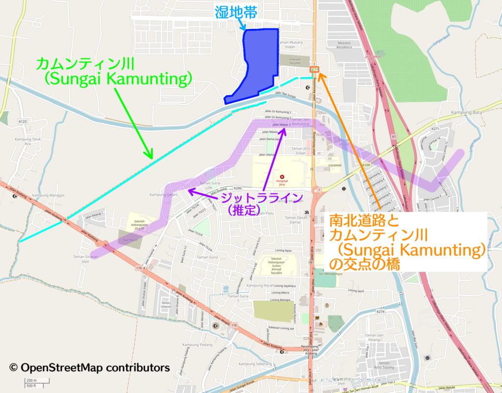 ジットラ付近の現在の地図上にジットララインの位置を推定して追記